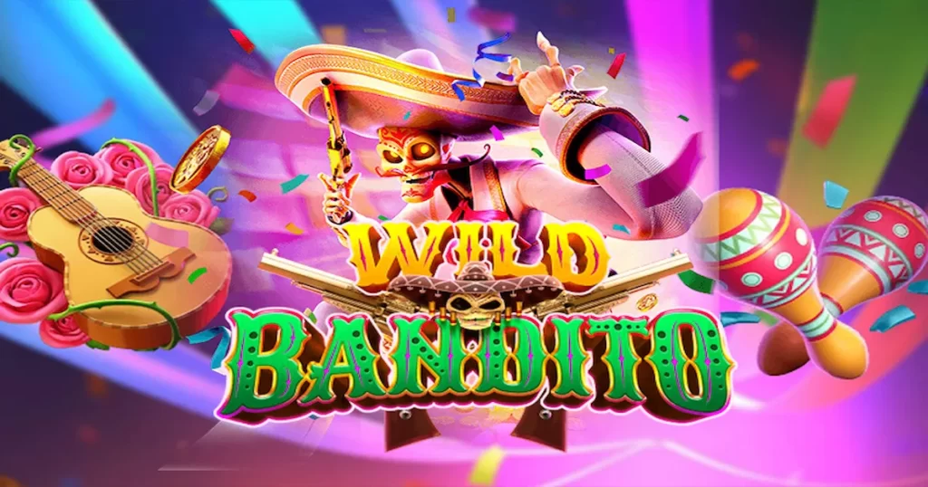 Personagem do Wild Bandito sorrindo com caveiras mexicanas ao fundo em cenário de slot.