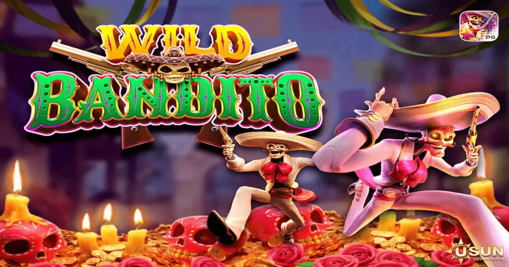 Personagens do jogo Wild Bandito com os rolos do slot em fundo temático mexicano.
