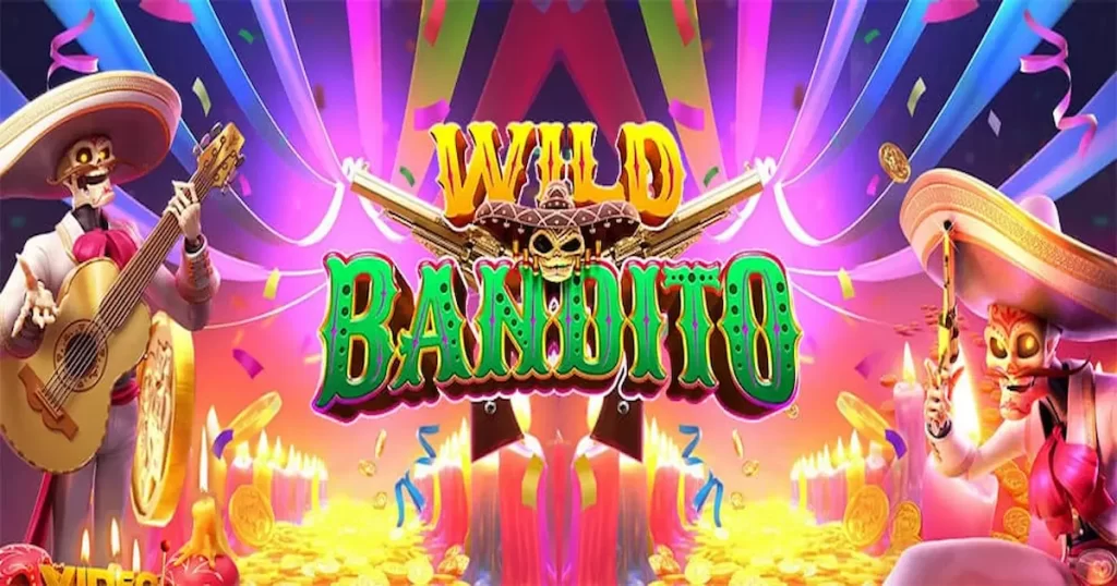 Imagem colorida do jogo Wild Bandito mostrando os rolos com caveiras, guitarras e efeitos de multiplicadores em destaque.